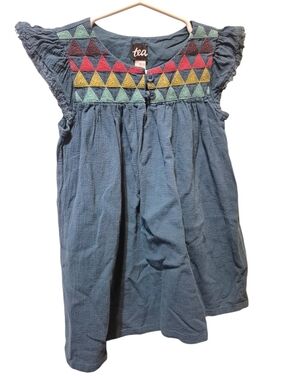 Tea Collection Blue Cotton Dress with Colorful Embroidered Triangles